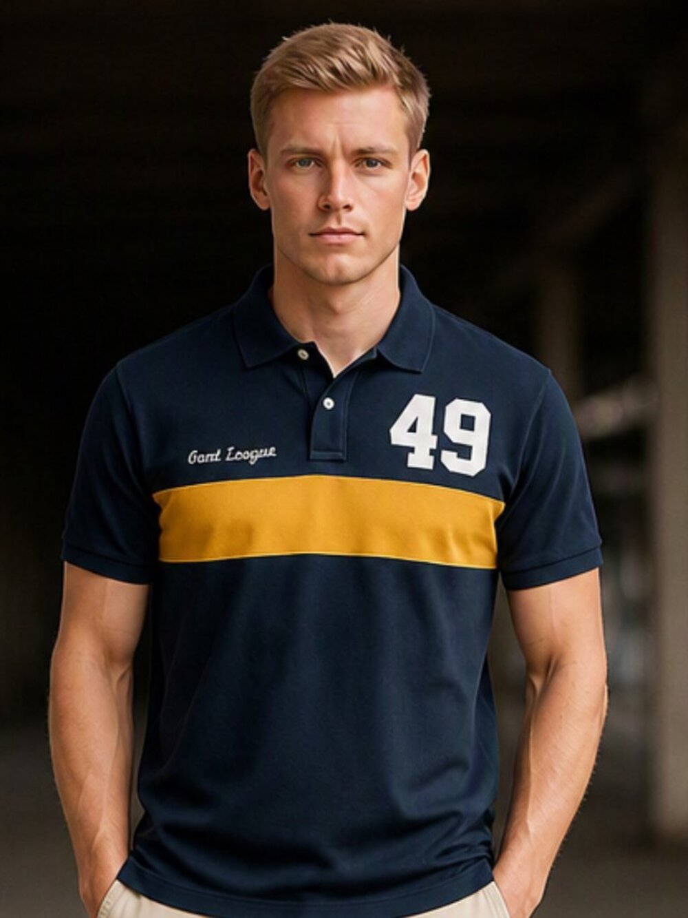 Gant Men's Vintage Varsity Polo Top with Navy & Gold Accents Size XL